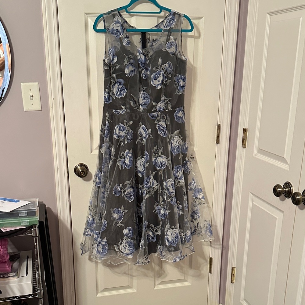 Unique Vintage Gray and Blue Floral Dress